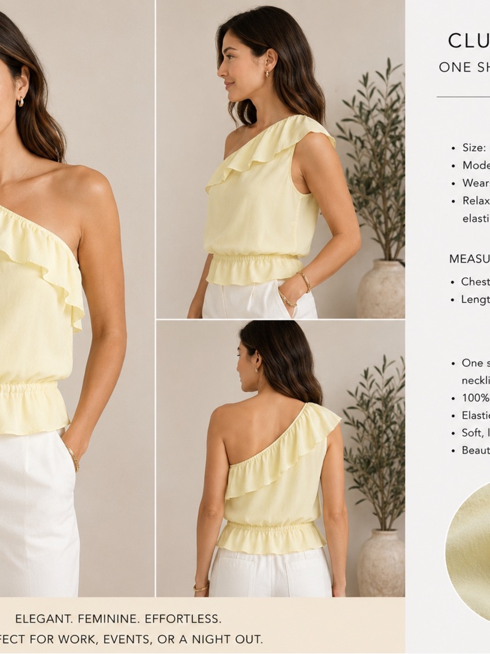 Club Monaco 100% Silk One Shoulder Ruffle Blouse Pale Yellow Size Medium